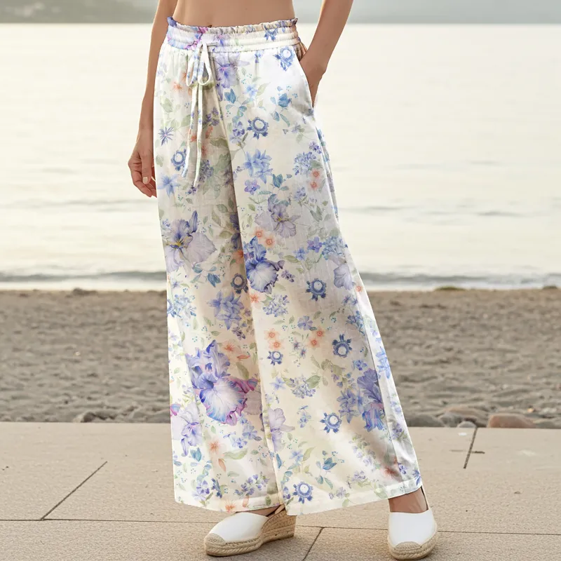 Women Casual Floral Wide Leg Palazzo Pants Lounge Elastic Waist Drawstring with Pockets 100% Cotton Blue Aloha Soft Blue Nocturne sold by Yiume