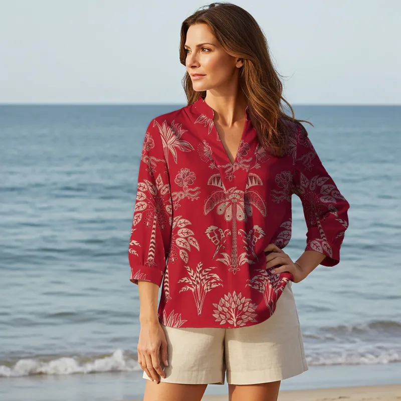 Women Casual Blouse 3/4 Sleeve V-neck Shirt Collar 100% Lyocell Red Aloha Retro Tropical Sparkle sold by Yiume