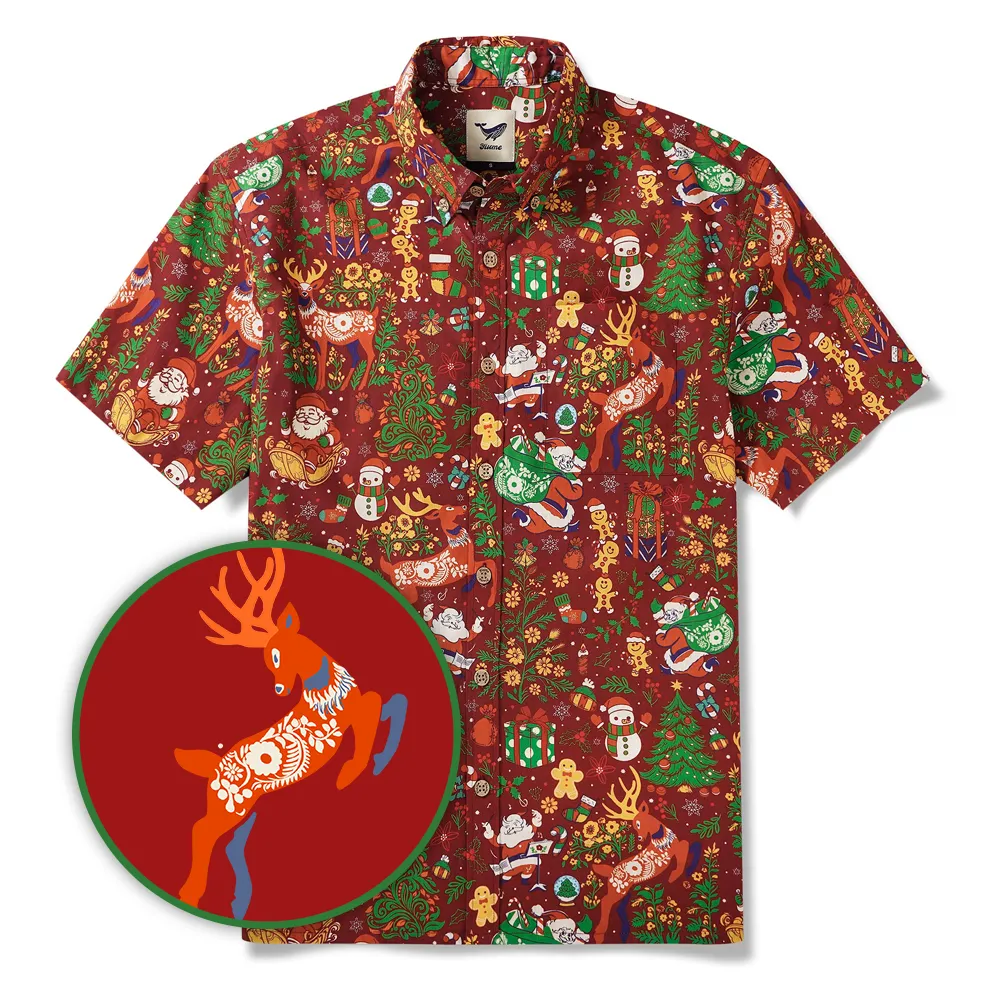 Men's Hawaiian Shirt Short Sleeve Button-down 100% Cotton Red Aloha Christmas Essence sold by Yiume