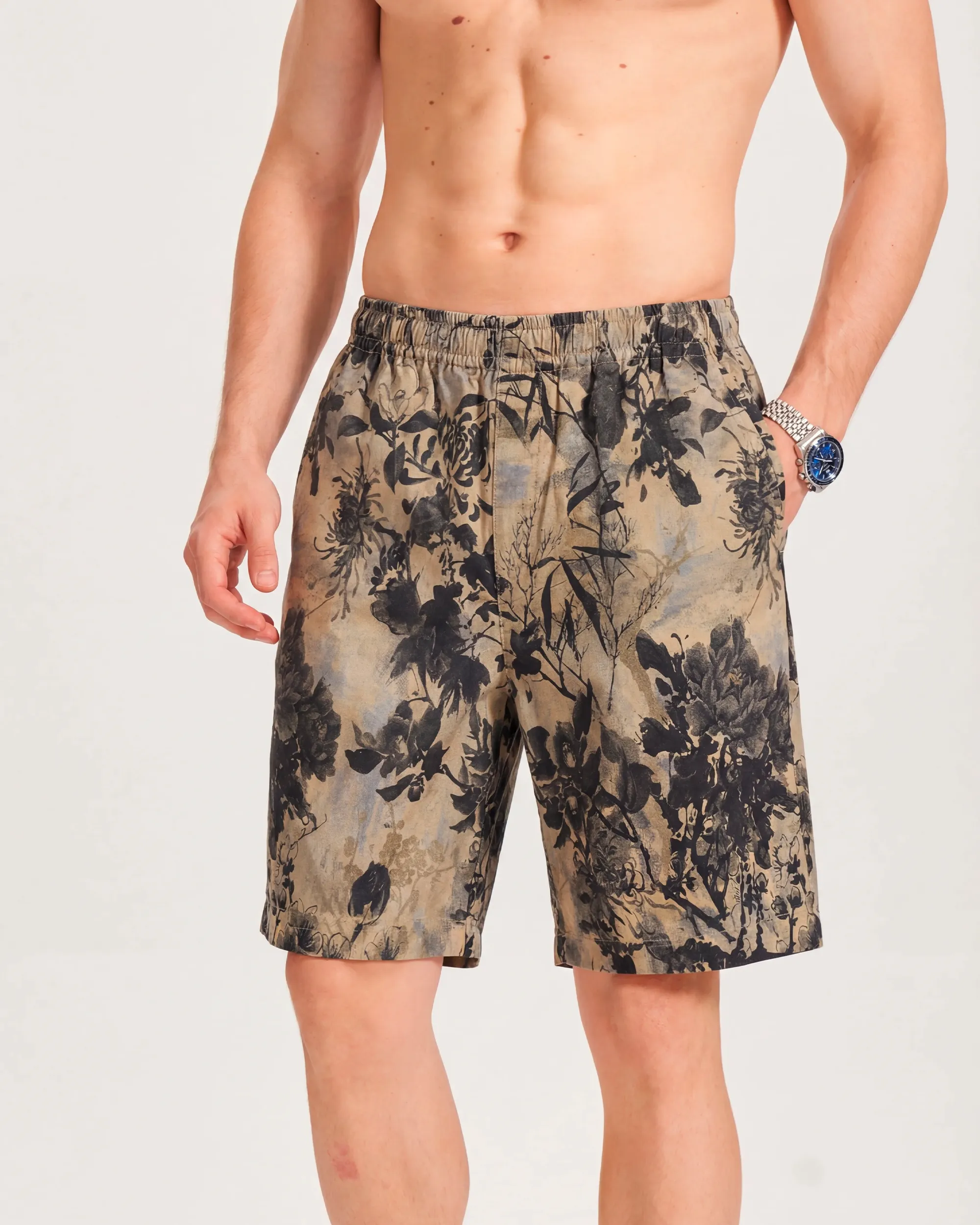 Men's Printed Floral Drawstring Shorts 100% Cotton Brown Aloha Oriental Essence sold by Yiume