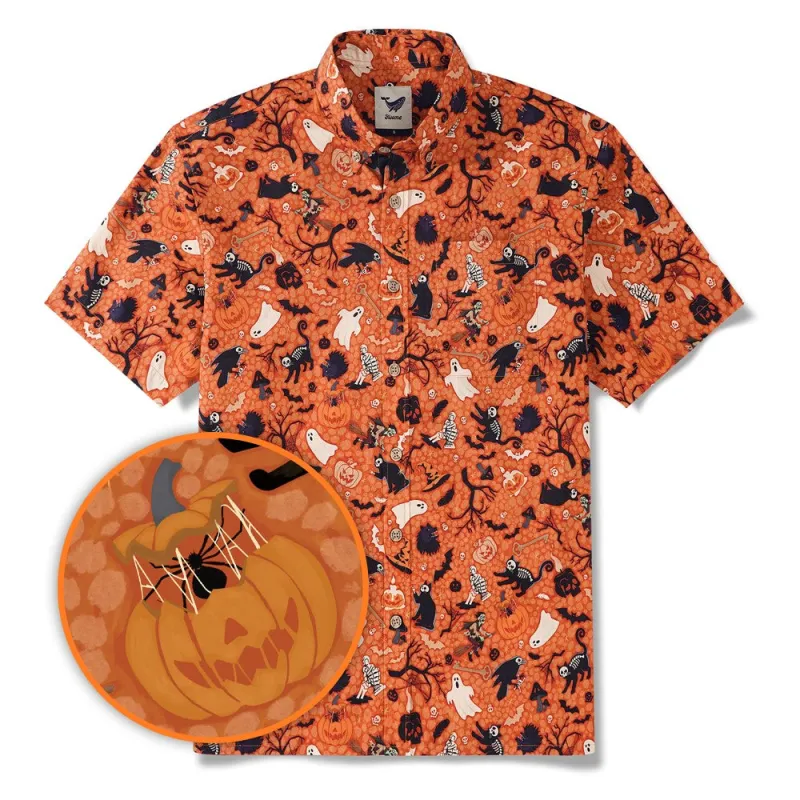Halloween Hawaiian Shirt For Men Orange Short Sleeve Button-down 100% Cotton Orange Aloha Shirt sold by Yiume