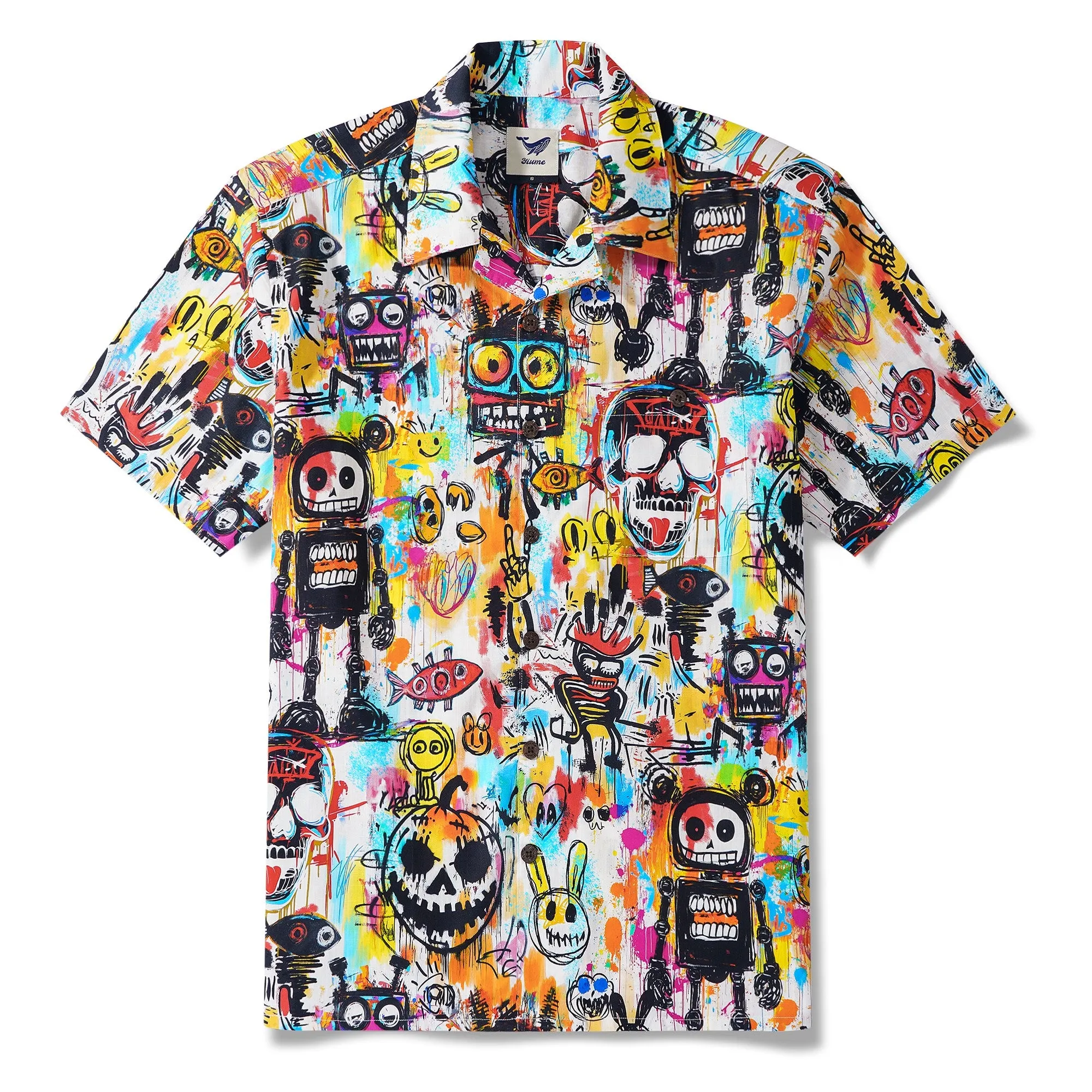Hawaiian Shirt For Men Halloween Short Sleeve Camp Collar Shirt 100% Cotton White Aloha Graffiti Madness Party sold by Yiume