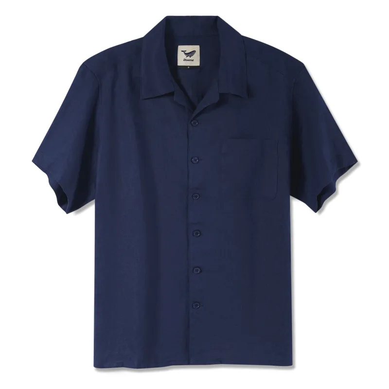 Men's Basic Shirt Short Sleeve Camp Collar 100% Linen Navy Blue Solid Color made by Yiume