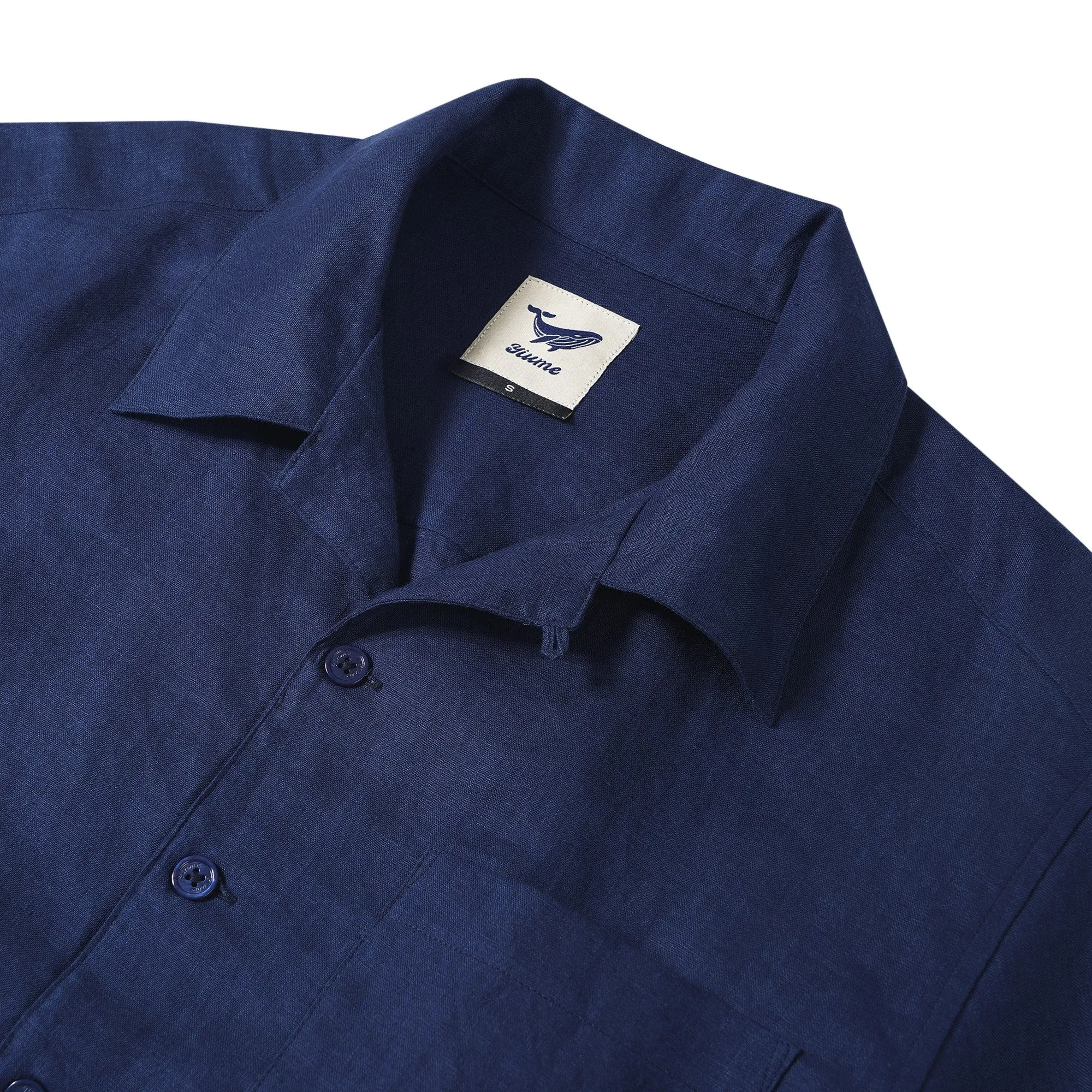 Men's Basic Shirt Short Sleeve Camp Collar 100% Linen Navy Blue Solid Color sold by Yiume product image thumbnail 2