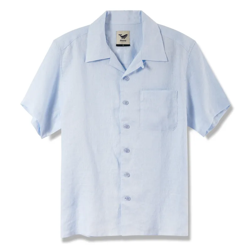 Men's Basic Shirt Short Sleeve Camp Collar 100% Linen Light Blue Solid Color sold by Yiume