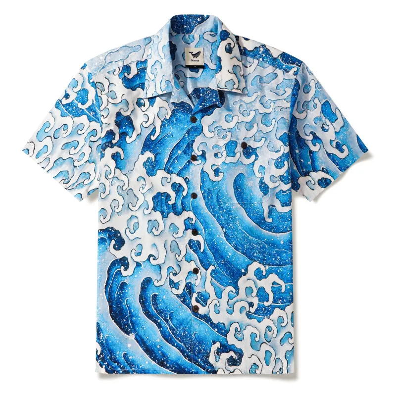 Men's Blue Hawaiian Shirt Short Sleeve Cuban Shirt 100% Cotton Wave Shirt Wrinkle Free Shirt sold by Yiume
