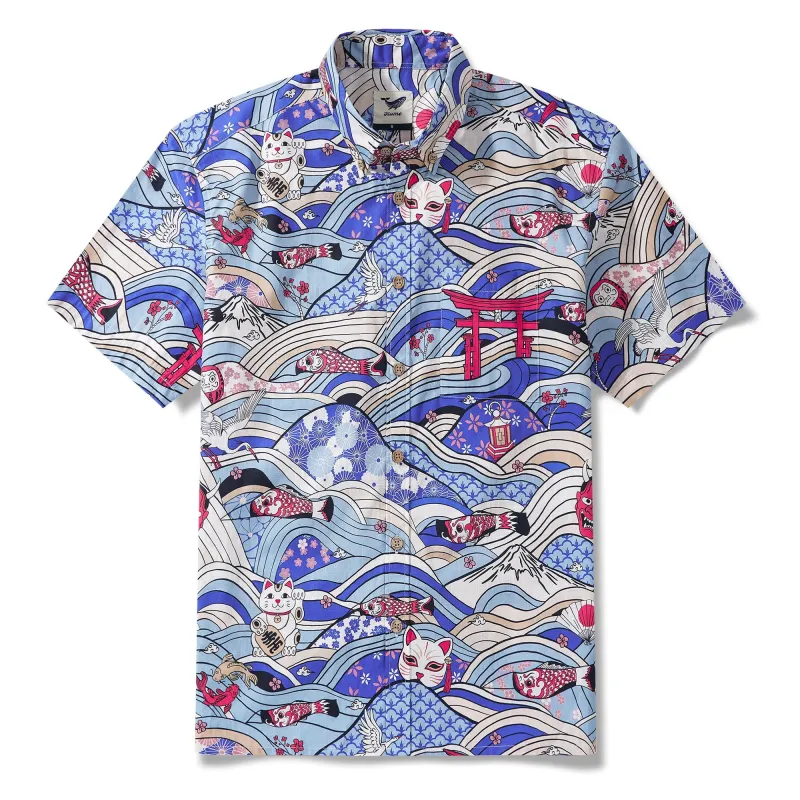 Men's Hawaiian Shirt Short Sleeve Button-down 100% Cotton Beige Aloha Neo-Ukiyo-e sold by Yiume