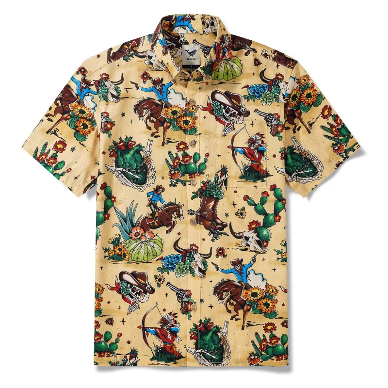 Western Cowboy Hawaiian Shirt For Men Short Sleeve Button-down 100% Cotton Desert Skull Shirt sold by Yiume