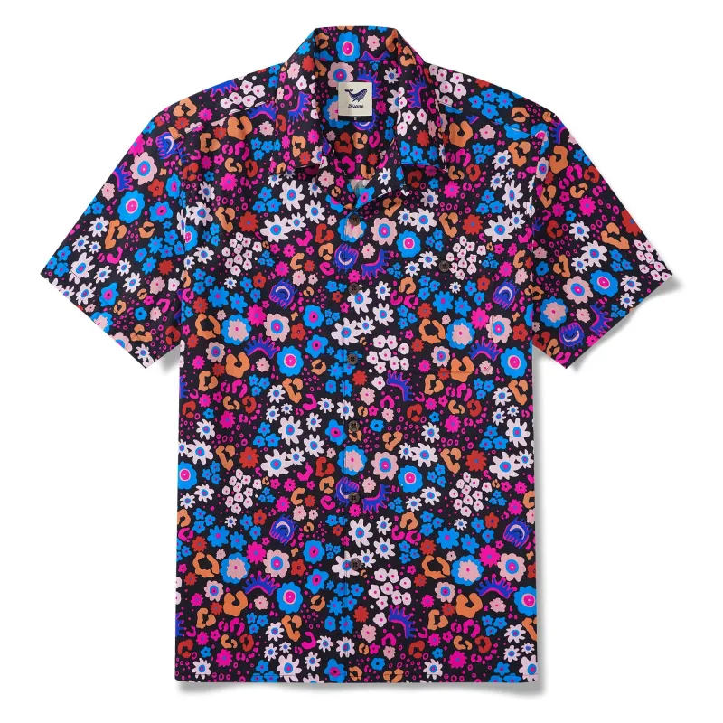 Men's Hawaiian Shirt Short Sleeve Camp Collar 100% Cotton Blue Aloha Enchanted Garden Leopard Print sold by Yiume