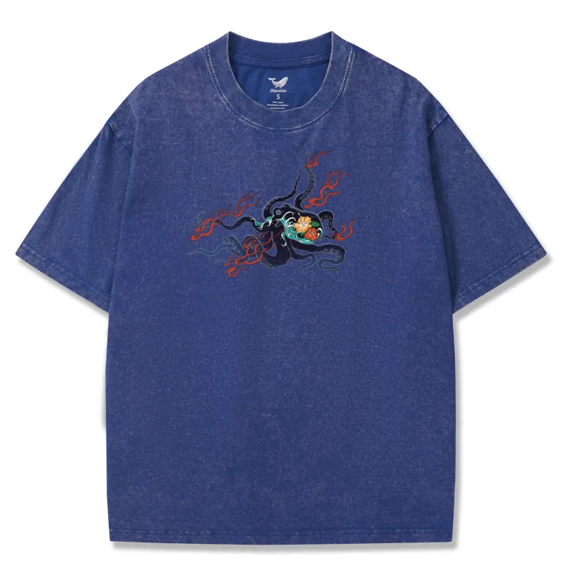 T-shirt Short Sleeve Solid Basic 100% Cotton Blue Aloha Tattoo Octopus sold by Yiume