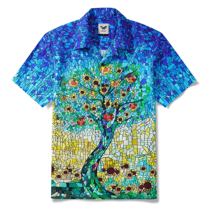 Men's Hawaiian Shirt Short Sleeve Camp Collar 100% Cotton Blue Aloha Sunlit Glass Orchard sold by Yiume