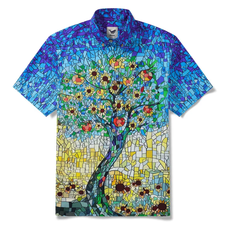Men’s Blue Hawaiian Shirt – Orchard & Stained Glass Print 100% Cotton Short Sleeve Aloha Shirt sold by Yiume