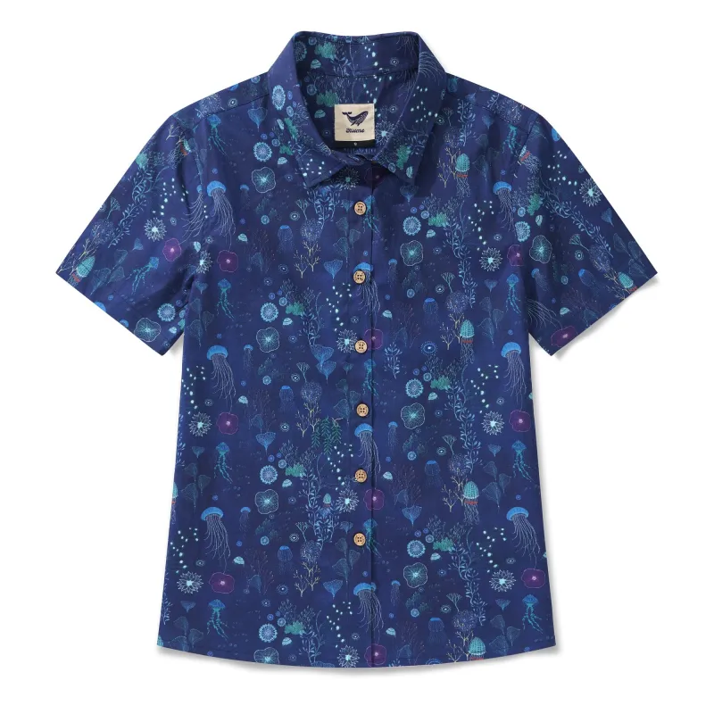 Women's Hawaiian Shirt Short Sleeve Button-up 100% Cotton Blue Aloha Save the Ocean By Catharina Edlund sold by Yiume