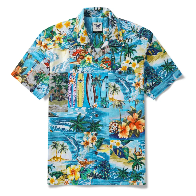 Men's Hawaiian Shirt Short Sleeve Camp Collar 100% Cotton Blue Aloha Hawaiian Beach Collage Art sold by Yiume
