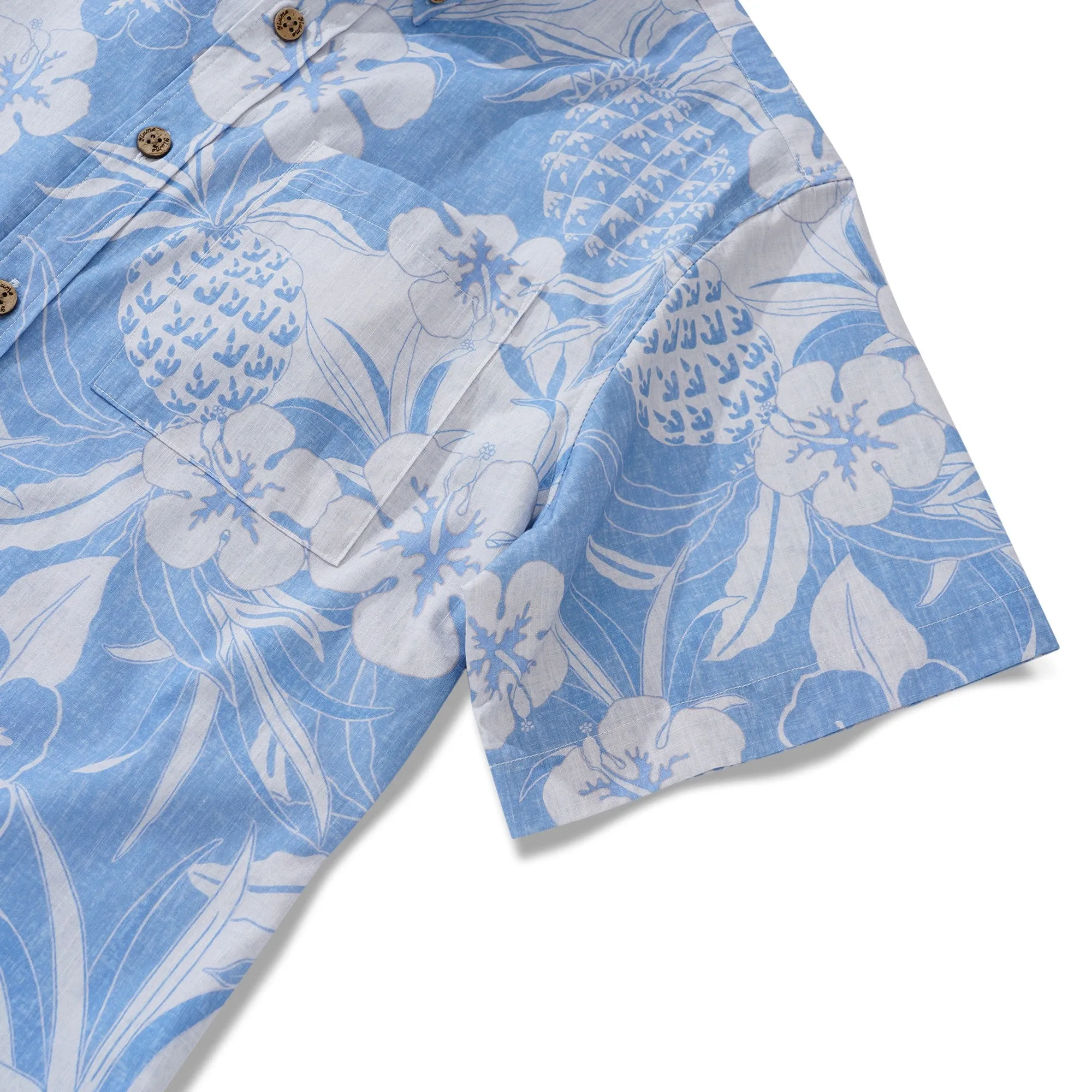 Men's Hawaiian Shirt Short Sleeve Button-down 100% Cotton Blue Aloha Pineapple and Hibiscus Hawaiian Shirt sold by Yiume product image thumbnail 4