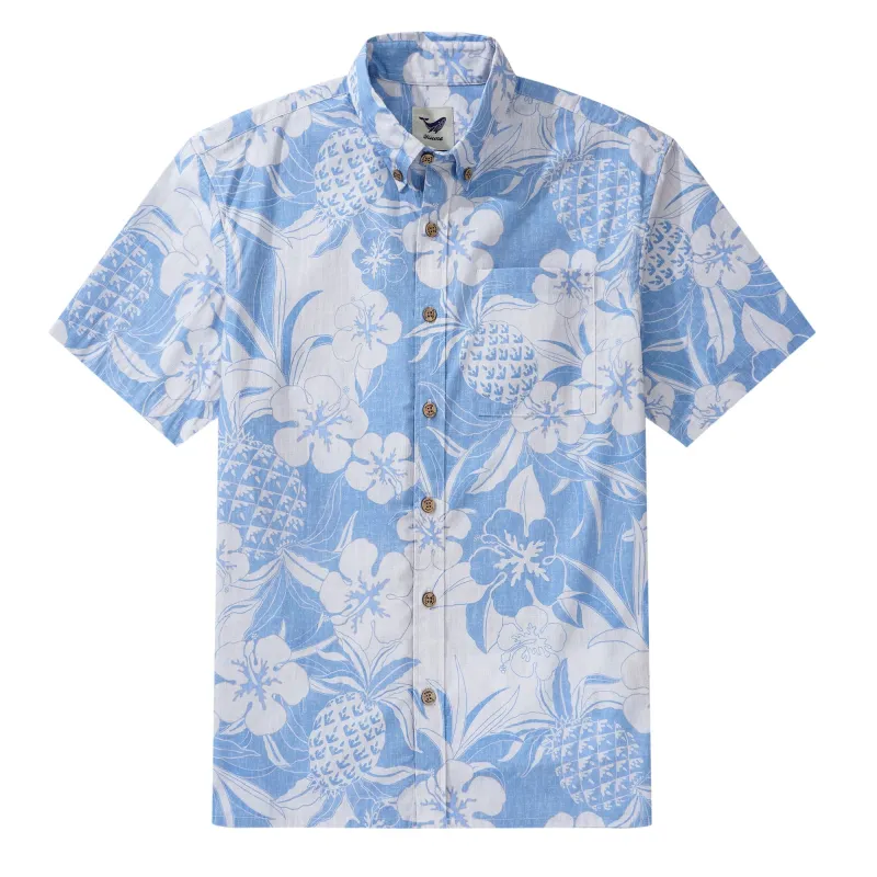 Men's Hawaiian Shirt Short Sleeve Button-down 100% Cotton Blue Aloha Pineapple and Hibiscus Hawaiian Shirt sold by Yiume
