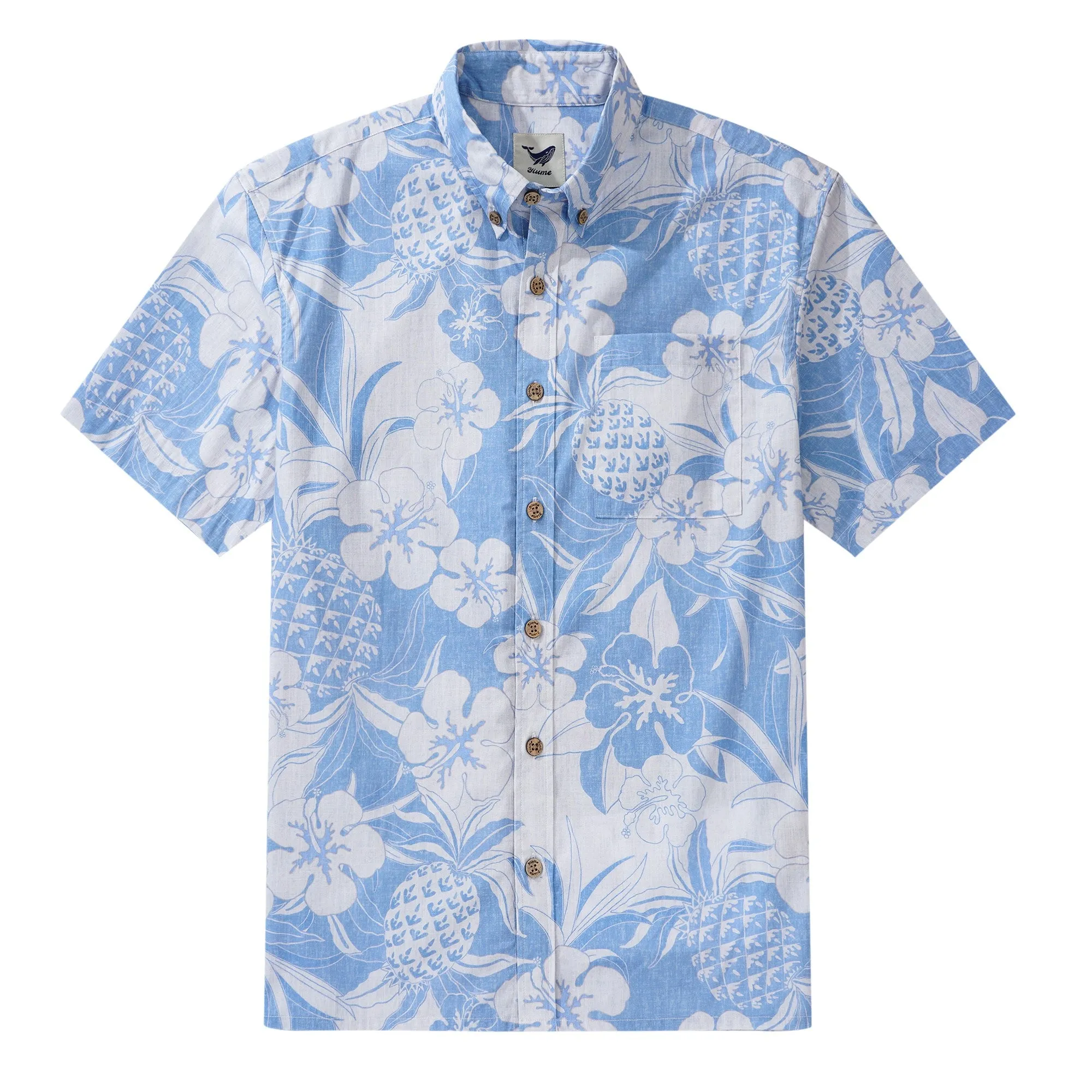 Men's Hawaiian Shirt Short Sleeve Button-down 100% Cotton Blue Aloha Pineapple and Hibiscus Hawaiian Shirt sold by Yiume