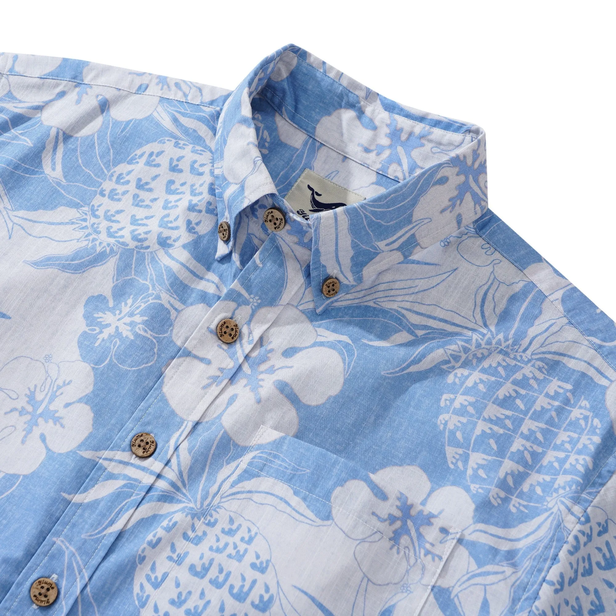 Men's Hawaiian Shirt Short Sleeve Button-down 100% Cotton Blue Aloha Pineapple and Hibiscus Hawaiian Shirt sold by Yiume product image thumbnail 2