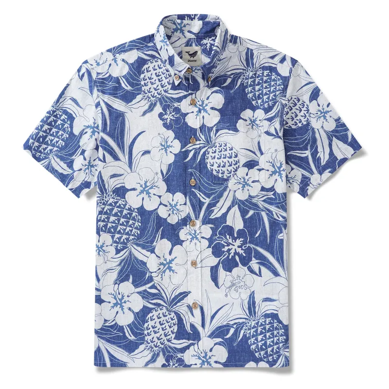 Yiume Blue Tropical Hawaiian Shirt For Men Short Sleeve Button-down Cotton Aloha Pineapple Shirt sold by Yiume