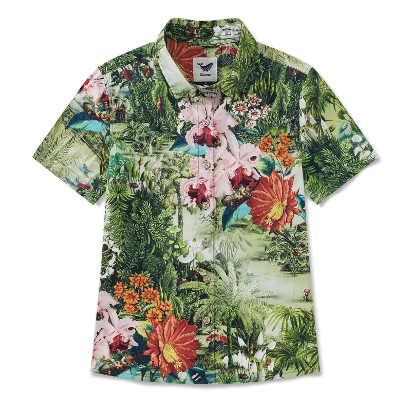 Women's Hawaiian Shirt Short Sleeve Button-up 100% Cotton Beige Aloha Enchanted Paradise sold by Yiume