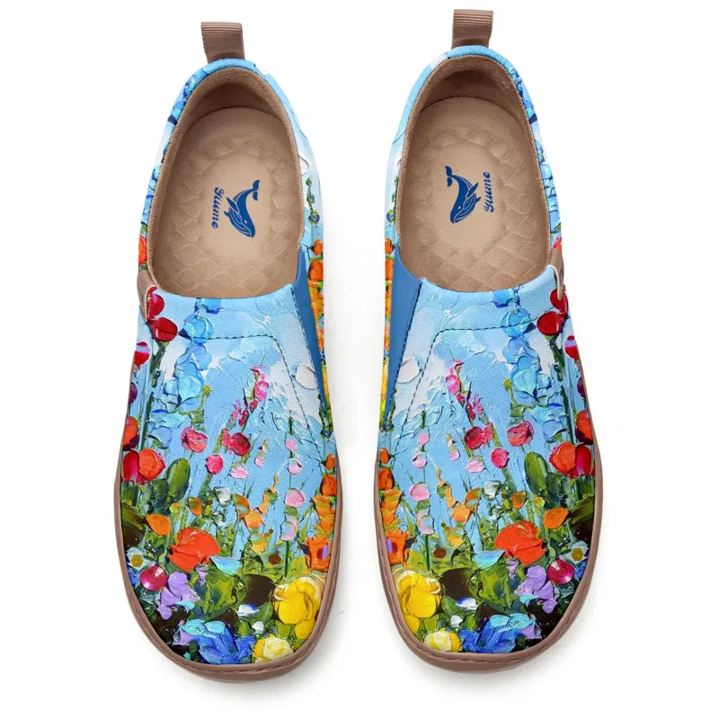 Women's Foldable Loafers,Blue Floral Oil Painting Women's Slip-On Sneakers,100% Cotton sold by Yiume