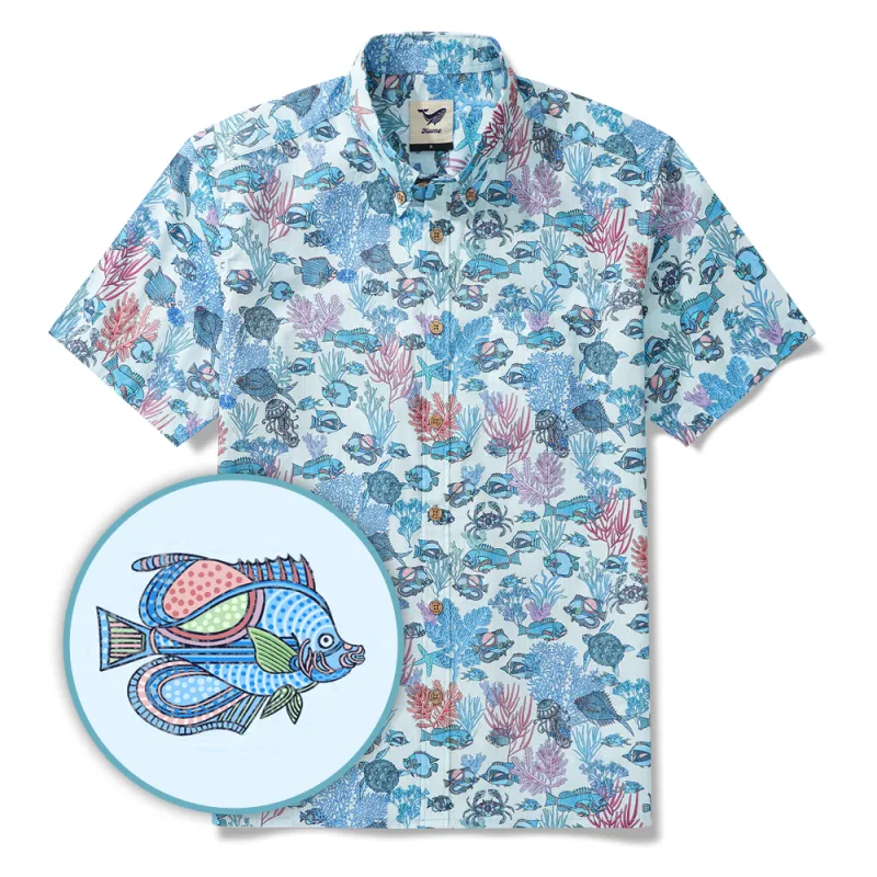 Blue Hawaiian Shirt For Men Fish Shirt Short Sleeve Button-down 100% Cotton Blue Aloha Seaside Boho sold by Yiume