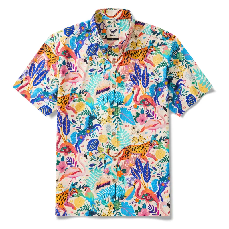 Men's Colorful Hawaiian Shirt Short Sleeve Button-down 100% Cotton Aloha Jungle Whimsy sold by Yiume