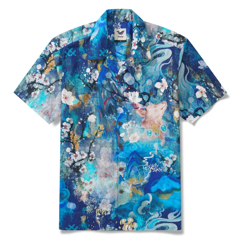 Men's Hawaiian Shirt Short Sleeve Camp Collar 100% Cotton Aloha Enchanted Stag sold by Yiume