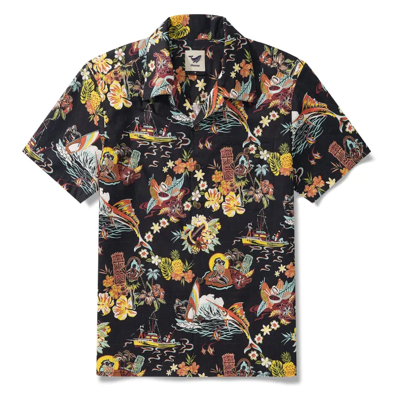 Men's Vintage Hawaiian Shirt Black Tiki Shirt Short Sleeve Camp Collar 100% Cotton Aloha Shirt Vintage Aloha sold by Yiume