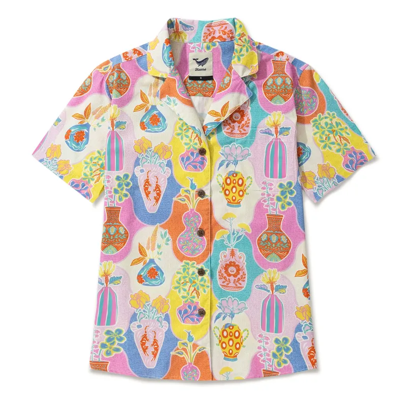 Women's Hawaiian Shirt Short Sleeve Camp Collar 100% Cotton Orange Aloha Colorful Kitschy Vases By Mona Ahmed sold by Yiume