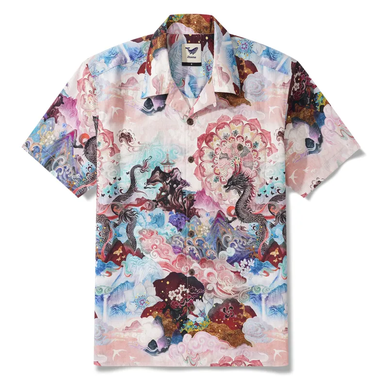 Men's Hawaiian Shirt Short Sleeve Camp Collar 100% Cotton Aloha Dragon Odyssey sold by Yiume
