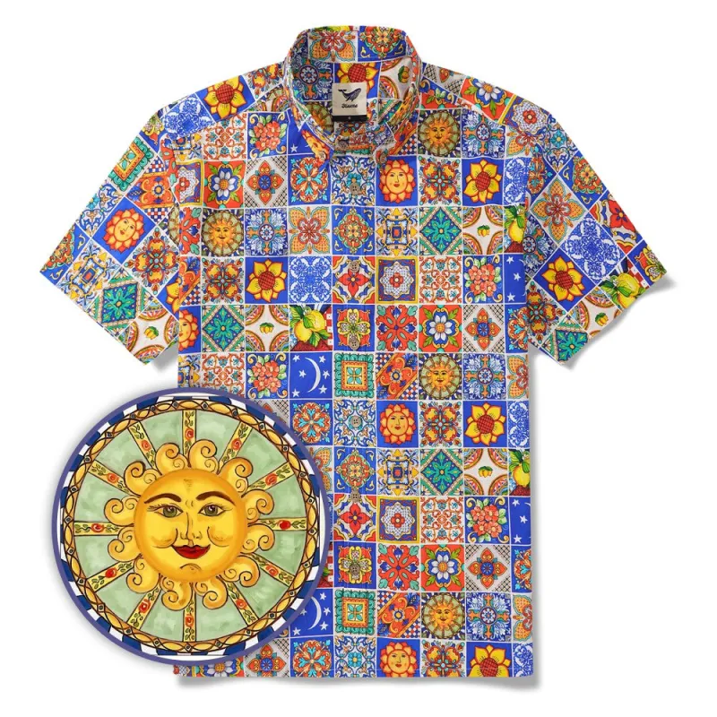 Men's Hawaiian Shirt Short Sleeve Button-down 100% Cotton Aloha Mediterranean Tile Haven sold by Yiume