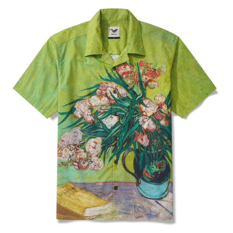 Men's Hawaiian Shirt Short Sleeve Camp Collar 100% Cotton Green Aloha Van Gogh Blossoms sold by Yiume