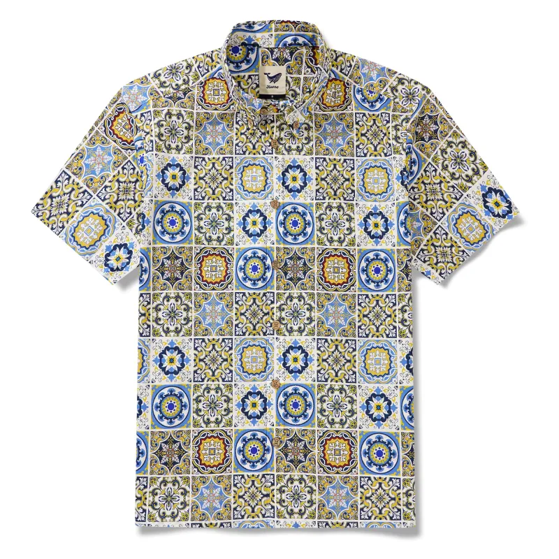 Men's Hawaiian Shirt Short Sleeve Button-down 100% Cotton White Aloha Sicilian Breeze sold by Yiume