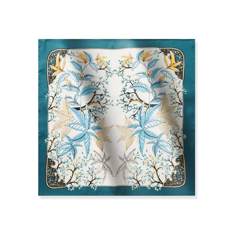 Floral Square Scarf 100% Mulberry Silk Azure Leaf Elegance Azure Leaf Elegance 100% Silk 53*53cm sold by Yiume