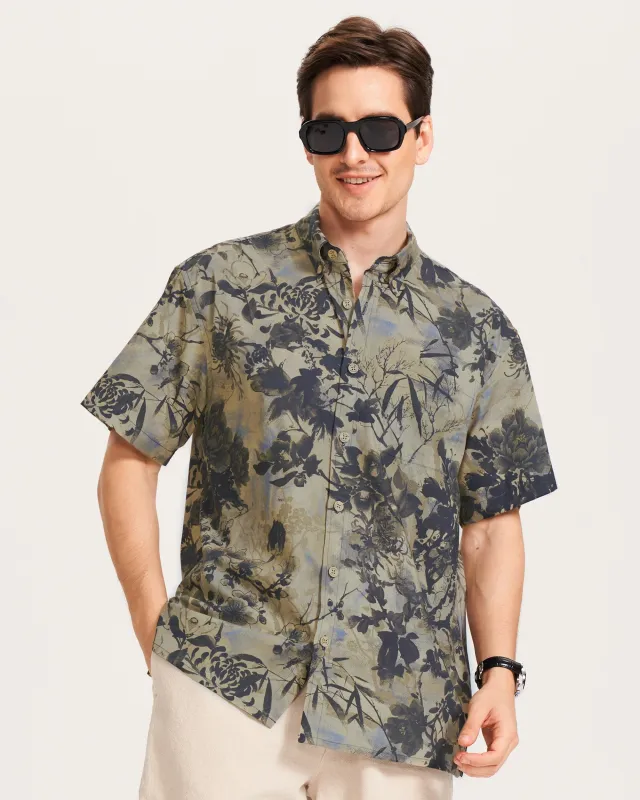 Men's Hawaiian Shirt Short Sleeve Button-down 100% Cotton Brown Aloha Shirt sold by Yiume