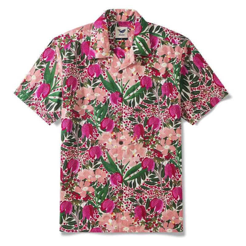 Men's Hawaiian Shirt Short Sleeve Camp Collar 100% Cotton Red Aloha Wild and Unique Flowers By Jasmine Blooms Designs sold by Yiume