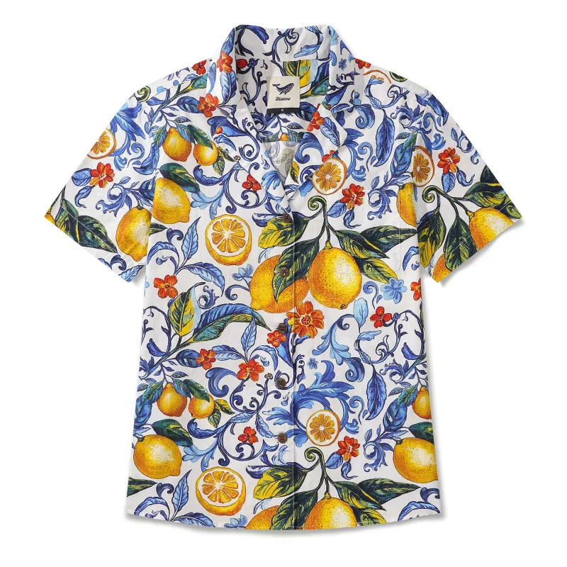 Women's Hawaiian Shirt Blue Aloha Lemon Sicily Cotton Camp Collar Short Sleeve sold by Yiume