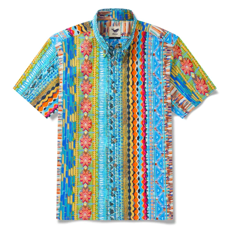 Men's Hawaiian Shirt Short Sleeve Button-down 100% Cotton Blue Aloha Geo Flow sold by Yiume