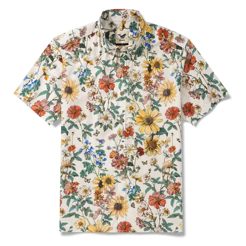 Men's Hawaiian Shirt Short Sleeve Button-down 100% Cotton Beige Aloha Floral Reverie sold by Yiume