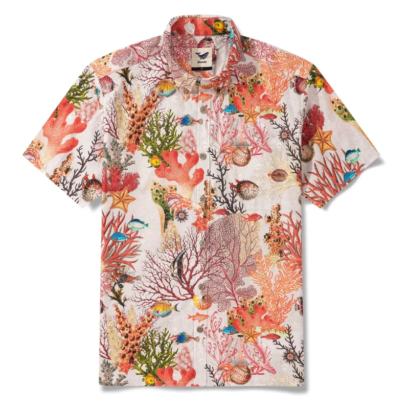 Men's Hawaiian Shirt Short Sleeve Button-down 100% Cotton Beige Aloha Marine Fantasia sold by Yiume