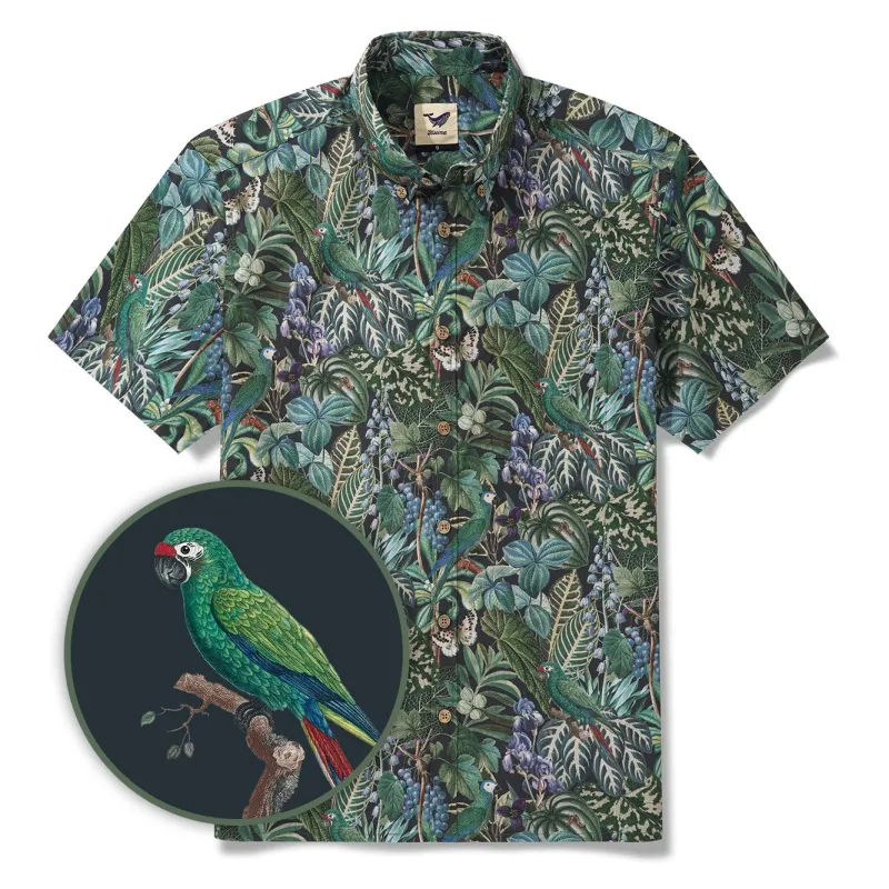 Men's Hawaiian Shirt Short Sleeve Button-down 100% Cotton Green Aloha Jungle Whispers sold by Yiume