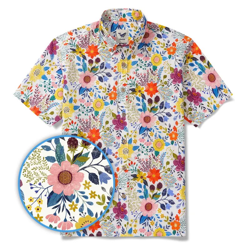 Men's Hawaiian Shirt Short Sleeve Button-down 100% Cotton Beige Aloha Floral Bookmark sold by Yiume