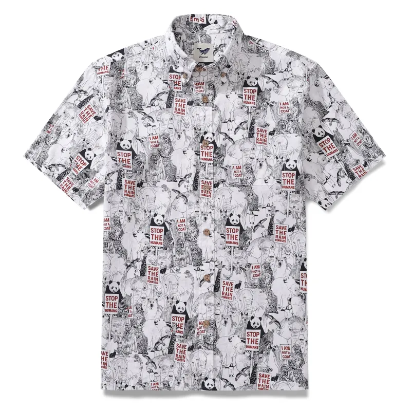 Men's Hawaiian Shirt Save the Animals Earth Day Shirt Cotton Short Sleeve Aloha Shirt sold by Yiume