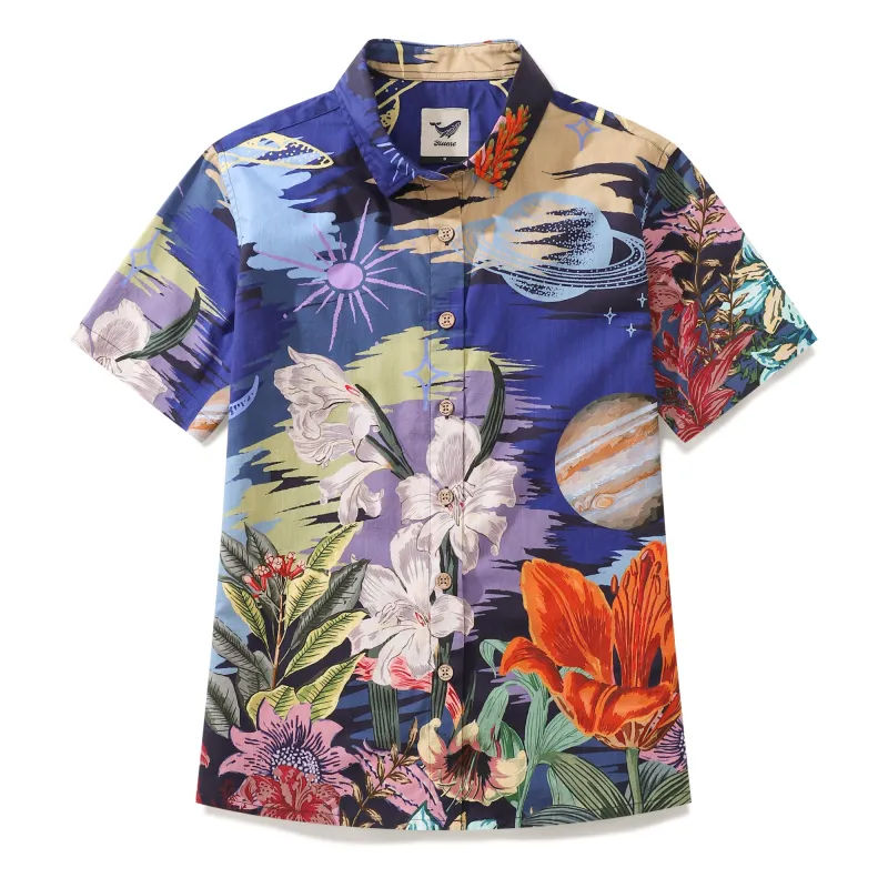 Women's Hawaiian Shirt Garden Under the Moonlight Print Cotton Button-up Short Sleeve sold by Yiume