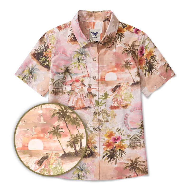 Women's Hawaiian Shirt Short Sleeve Button-up 100% Cotton Beige Aloha Relaxing Tropical Vibes sold by Yiume