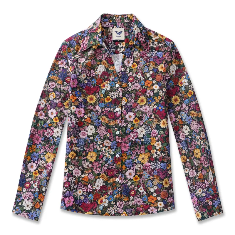 Amidst the Blooms 100% Cotton Women's Long Sleeve V-neck Shirt Blue Aloha Hawaiian Amidst The Blooms Print-mismatched sold by Yiume