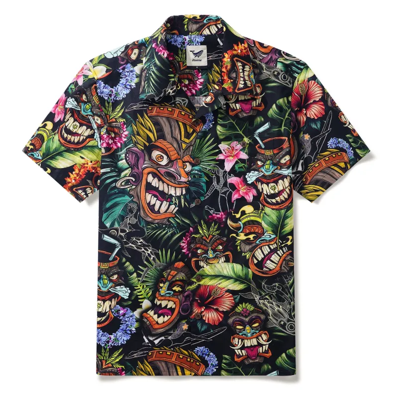 Tiki Hawaiian Shirt 100% Cotton Men's Short Sleeve Camp Collar Aloha Shirt Tiki And Hula Girl sold by Yiume