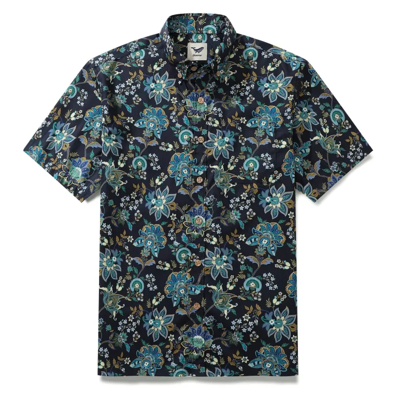 Black Hawaiian Shirt For Men Fantasy Flowers Print Short Sleeve Cotton Button Down Black Fantasy Flowers made by Yiume