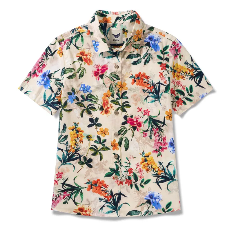 Floral Radiance 100% Cotton Women's Short Sleeve Button-up Shirt Beige Aloha Hawaiian sold by Yiume